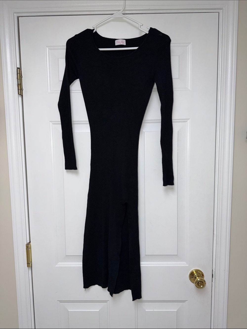 Pink Lily Black Long Sleeve Ribbed Sweater Midi Dress with Front Slit